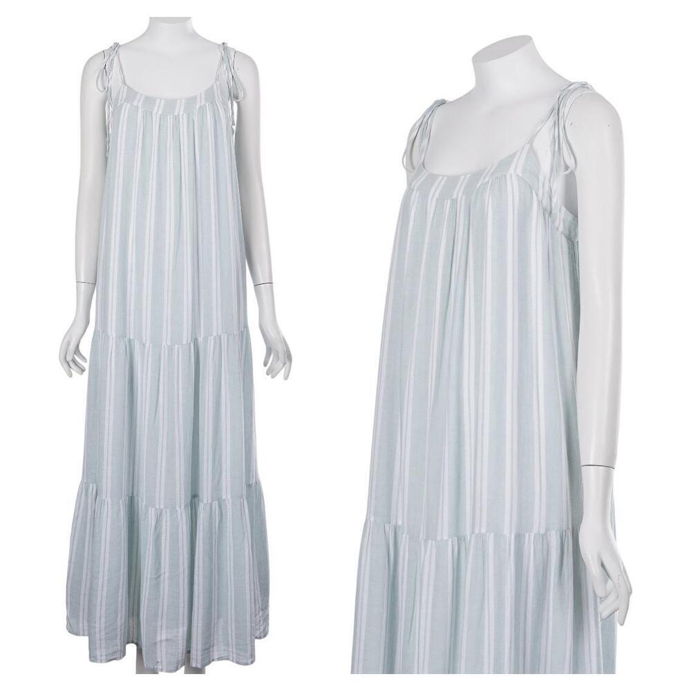 Rails Rosemary Dress M Green Linen Blend Striped Tie Straps Casual Maxi